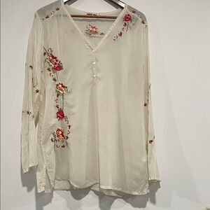 Johnny Was Cream Blouse with Red Floral Embroidery